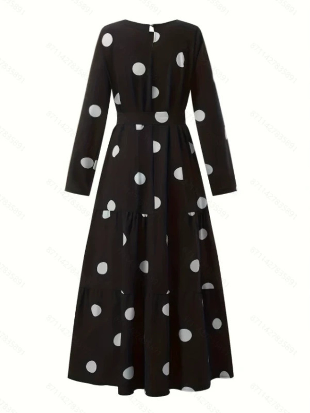Long Sleeve Polka Dot Slimming Ruffle Hem Tie Dress